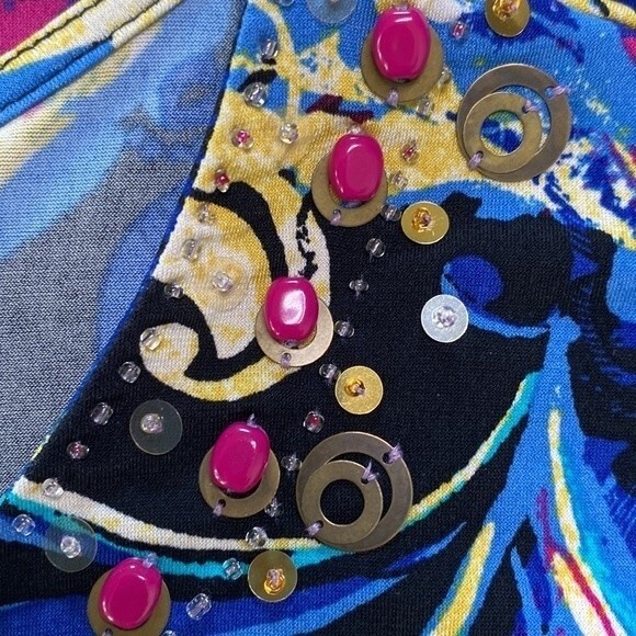 Style & Co Beaded Tunic Top Multicolored Leaves Print 3/4 Sleeve V-Neck Stretchy - Picture 15 of 16